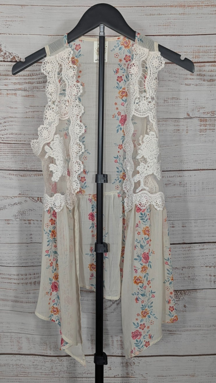 SELF ESTEEM Floral Sheer Vest S Ivory Crochet Lace Trim Duster Open Front Boho